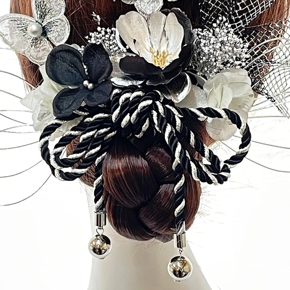 成人式　振袖　ヘアアクセサリー　髪飾り　ネイルチップ　銀箔　水引　卒業式　蝶々 Amazon.co.jp: flower studio no107 ブラックシルバーフラワー